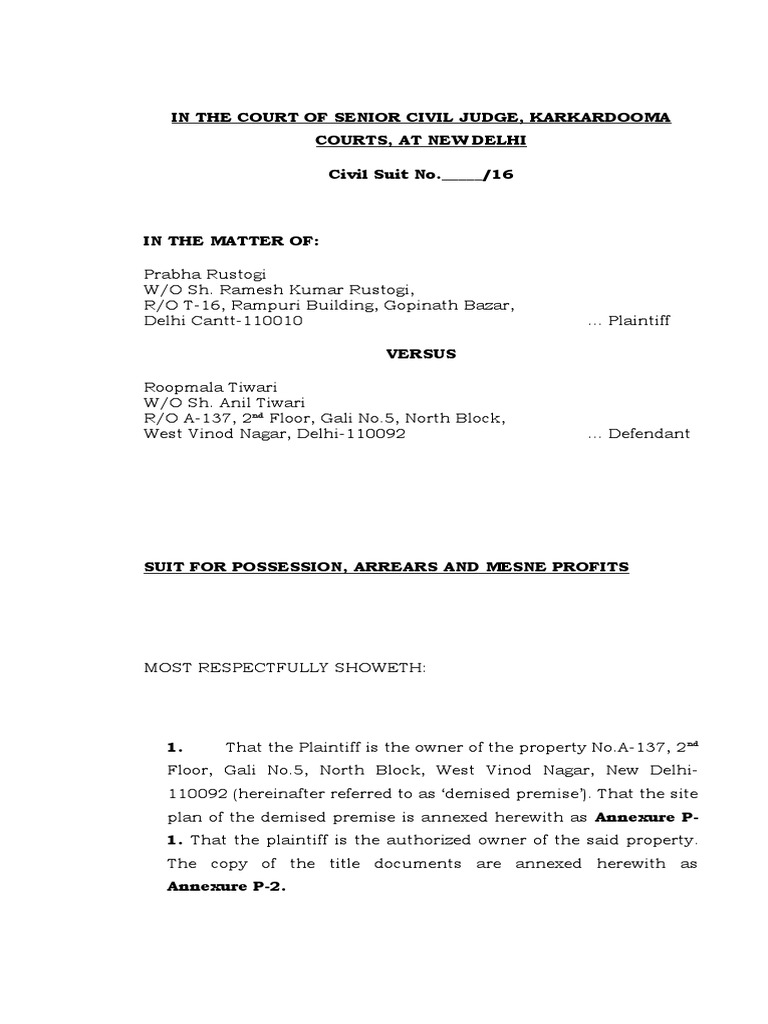 Suit For Possession PDF Lease Affidavit