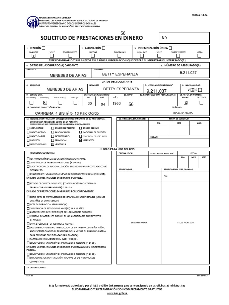 Formulario 14-04 IVSS para Prestaciones | PDF | Bancos