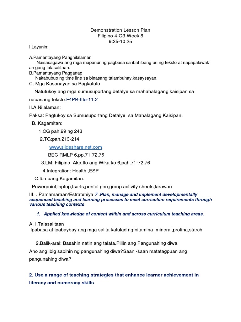 Demonstration Lesson Plan in Filipino 4-Wk 8 q3 | PDF