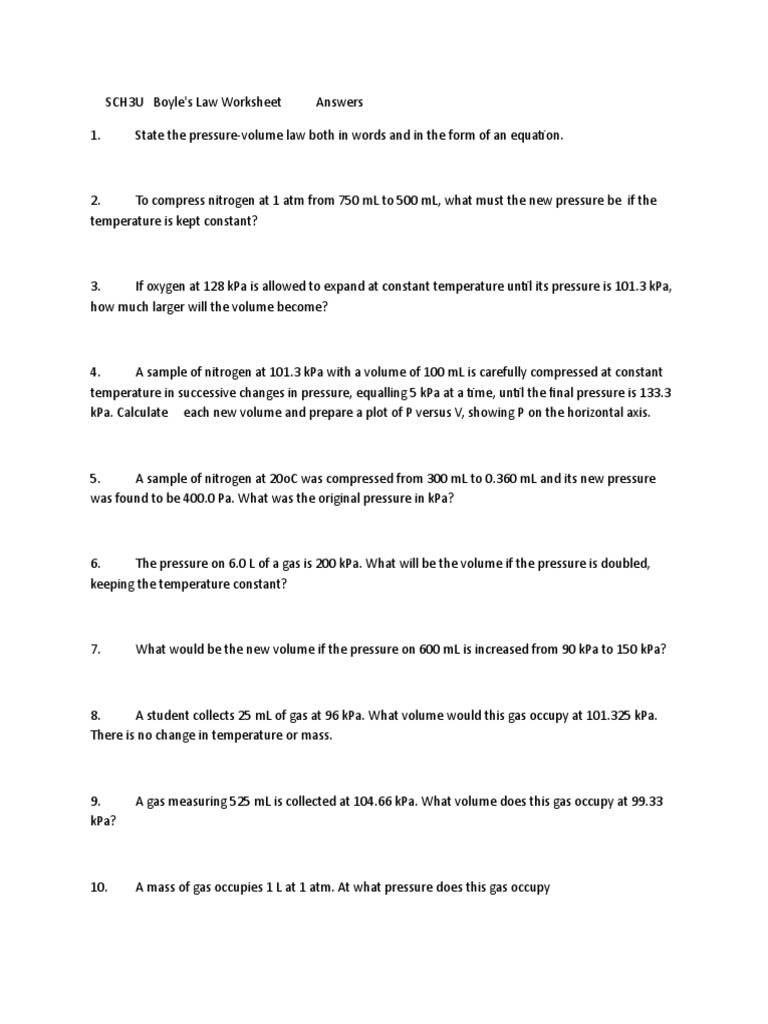 Boyles Law Worksheet PDF