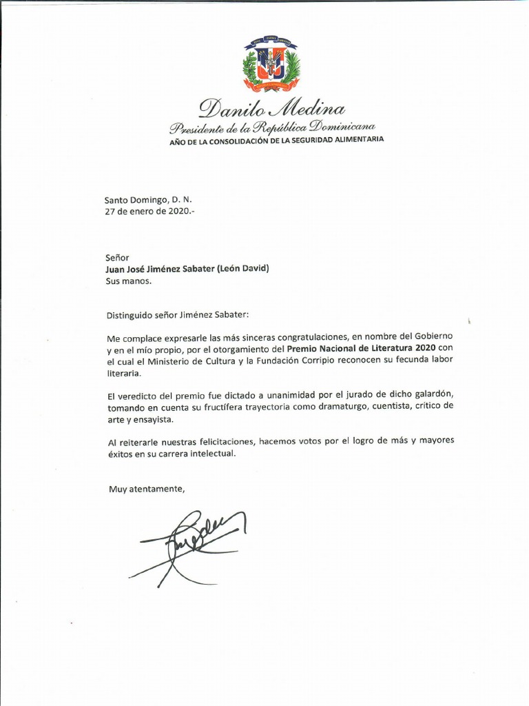 Carta de felicitación del presidente Danilo Medina a Juan José Jiménez