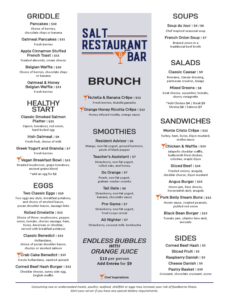Salt Restaurant & Bar Brunch Menu PDF Foods Cuisine