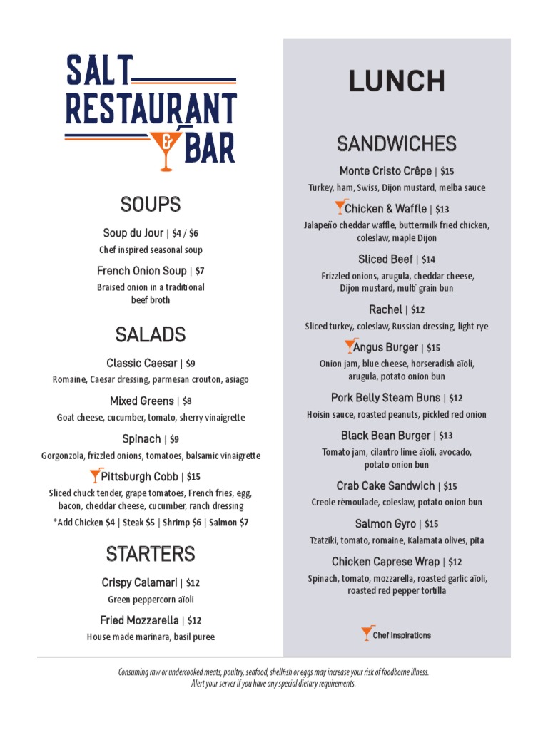 Salt Restaurant & Bar Lunch Menu Salad Hamburgers Free 30day