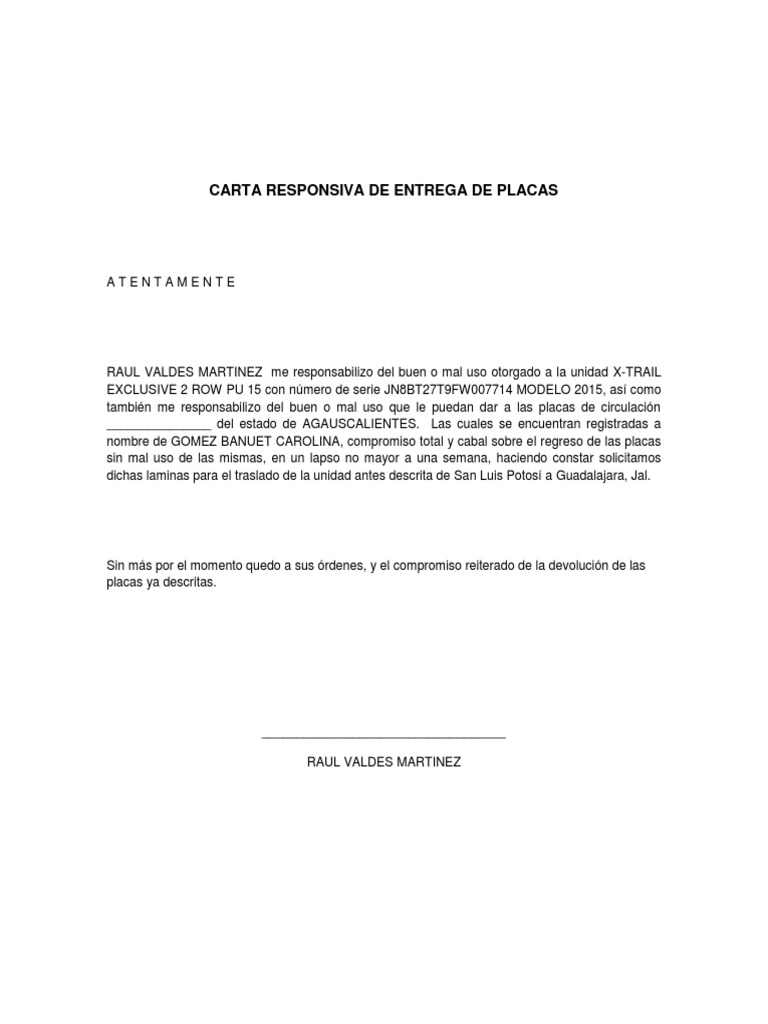Carta Responsiva de Entrega de Placas | PDF