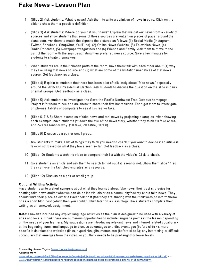 Fake News Lesson Plan WWW Theteacherjames Com PDF | PDF | News | Social ...