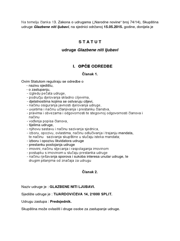 Statut Udruge Primjer | PDF