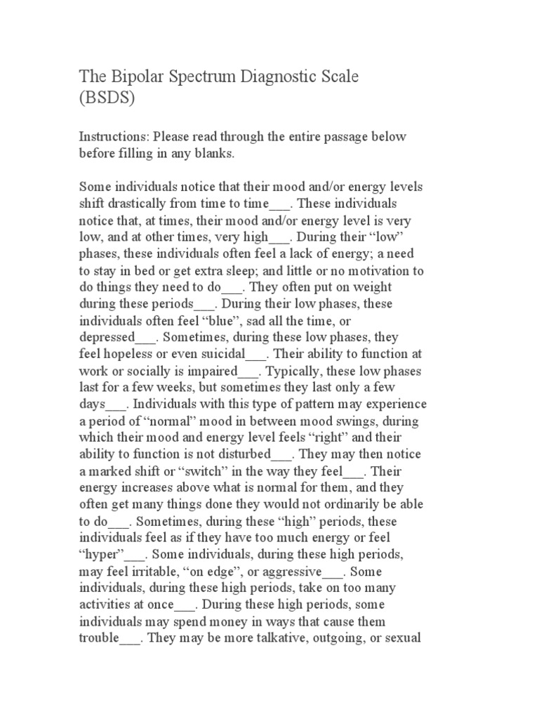 BSDS - Escala Screening Bipolaridad | PDF | Mood (Psychology) | Mental ...