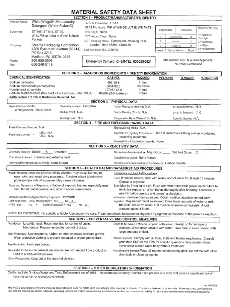 MSDS Wings Detergent PDF PDF