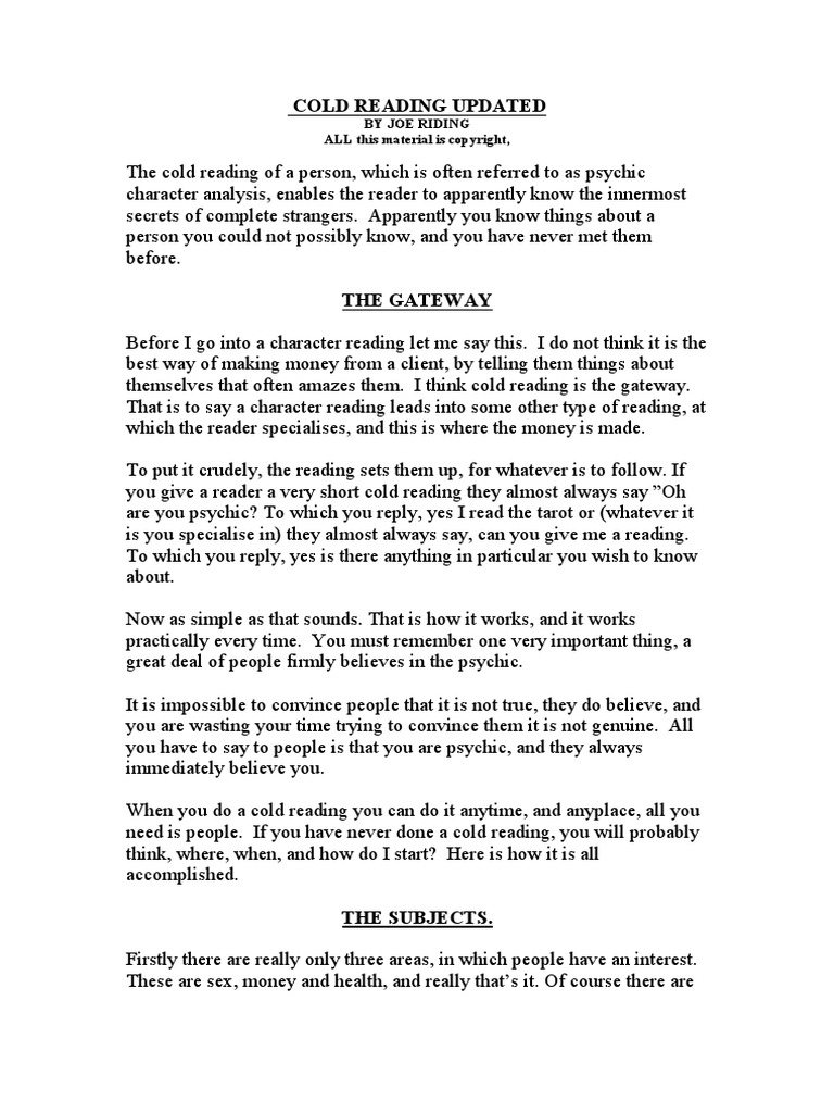 Joe Riding - Advanced Cold Reading Updated PDF | PDF | Psychic | Body ...