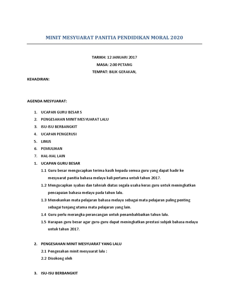 Minit Mesyuarat Panitia Bahasa Melayu Kali Pertama Pdf
