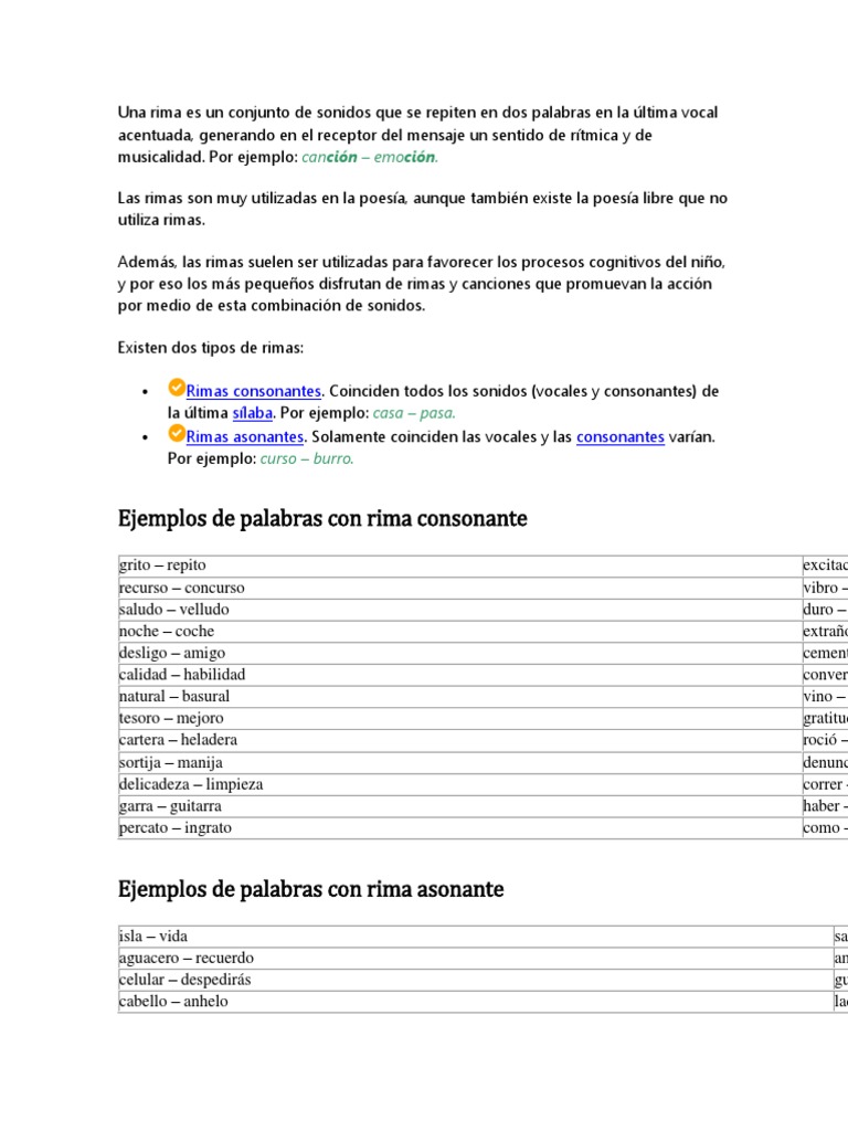 Ejemplos de Rimas Consonantes y Asonantes | PDF | Rima | Fonética