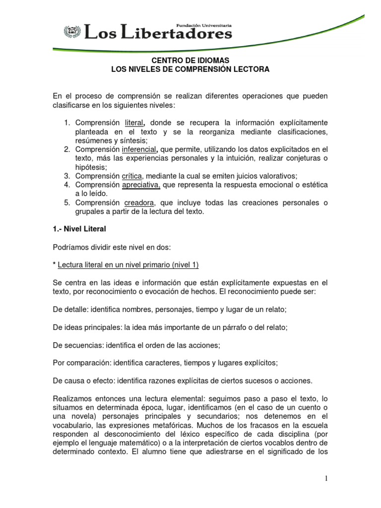 Niveles de Comprensión Lectora Explicados | PDF | Conceptos ...