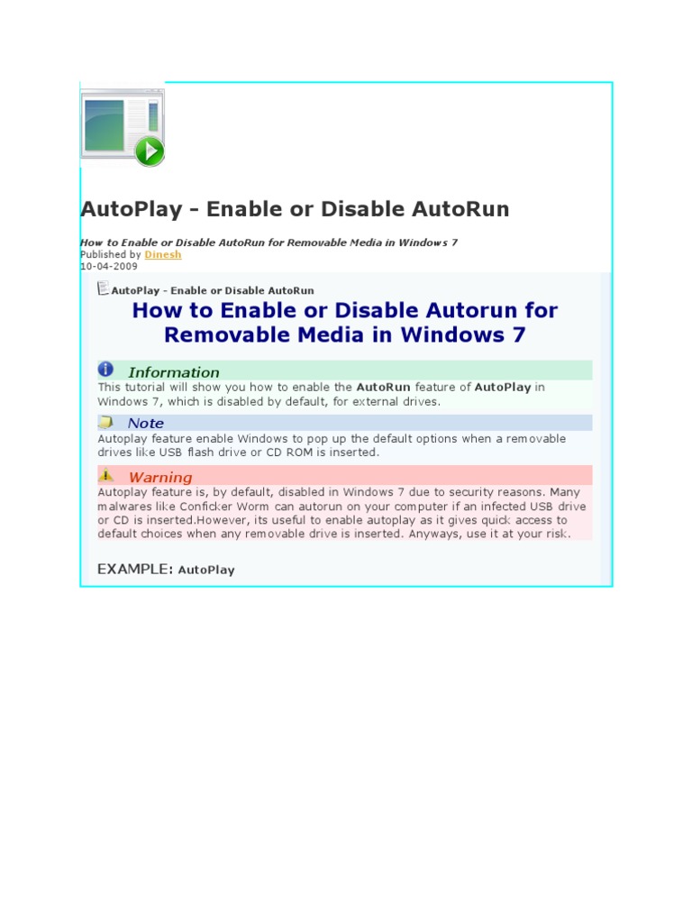 Enable/Disable AutoRun in Windows 7 | PDF