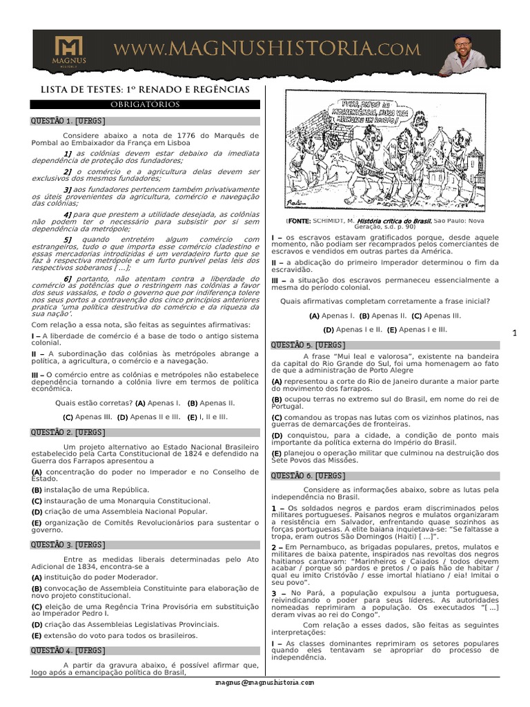30 Exercícios Brasil Primeiro Reinado | PDF | Brasil | Escravidão