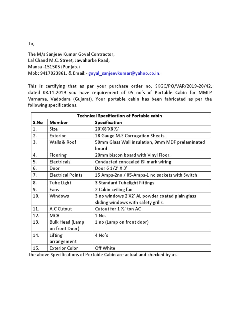 Portable Cabin Specification PDF