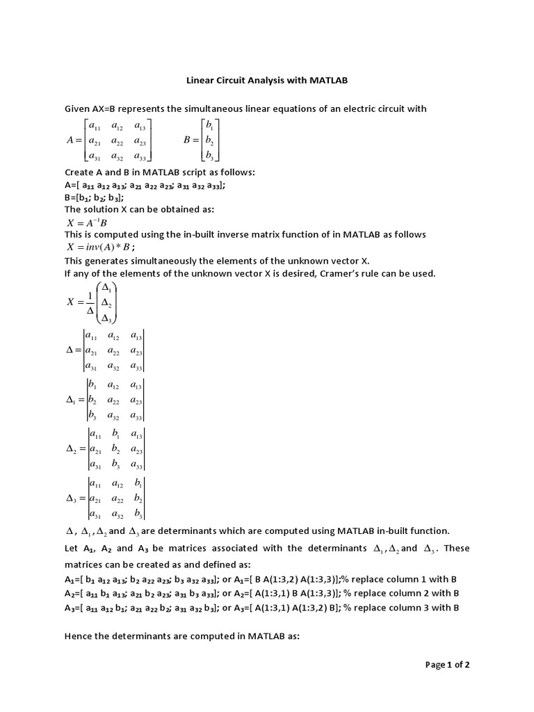 Linear Circuit Analysis With MATLAB PDF Linear Algebra Determinant