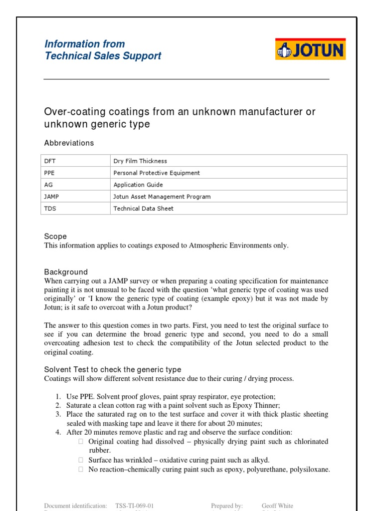 Overcoating Compatibility Guide for Jotun | PDF | Paint | Chemical ...