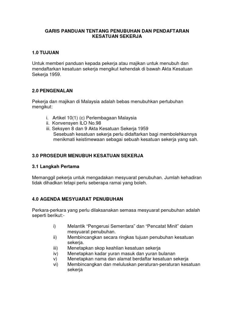 Garis Panduan Tentang Penubuhan Dan Ran Kesatuan Sekerja Pdf