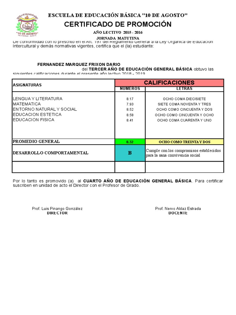 Certificado de Promoción Escolar 2019 | PDF