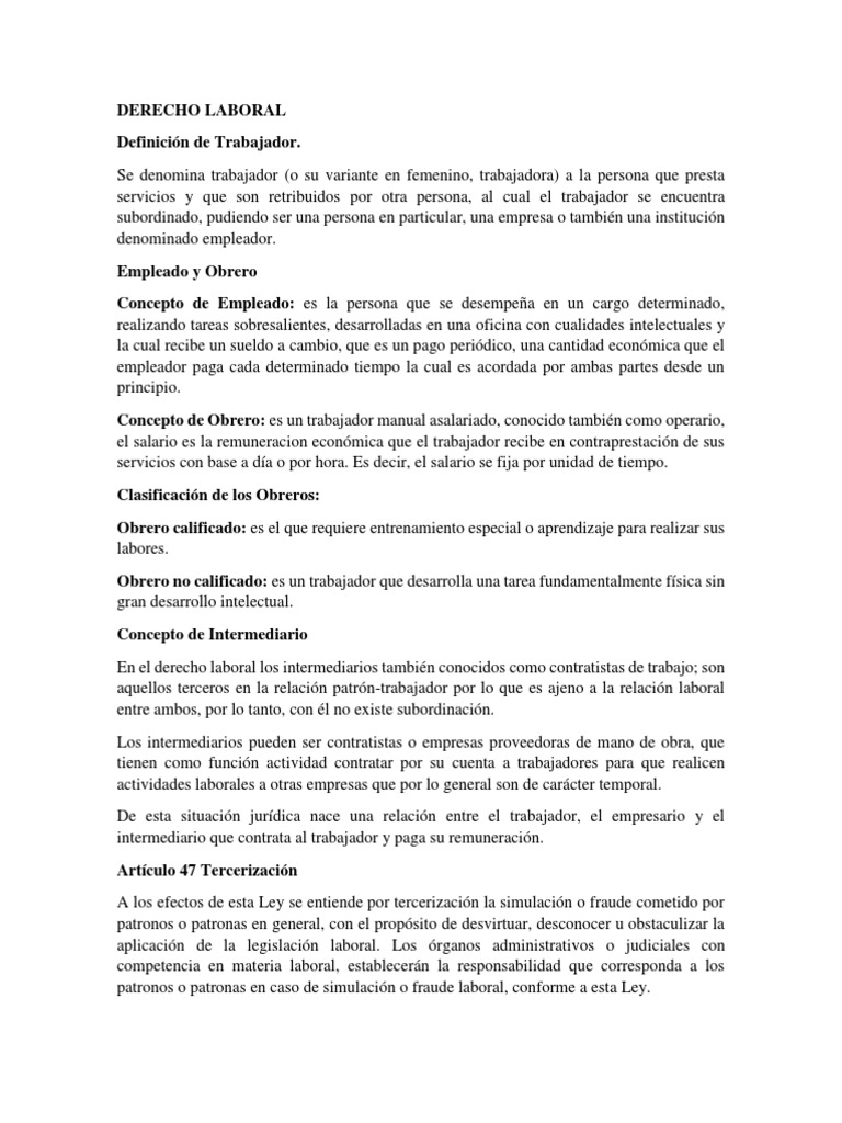 Definici n Y Concepto De Trabajador PDF Derecho Laboral Outsourcing
