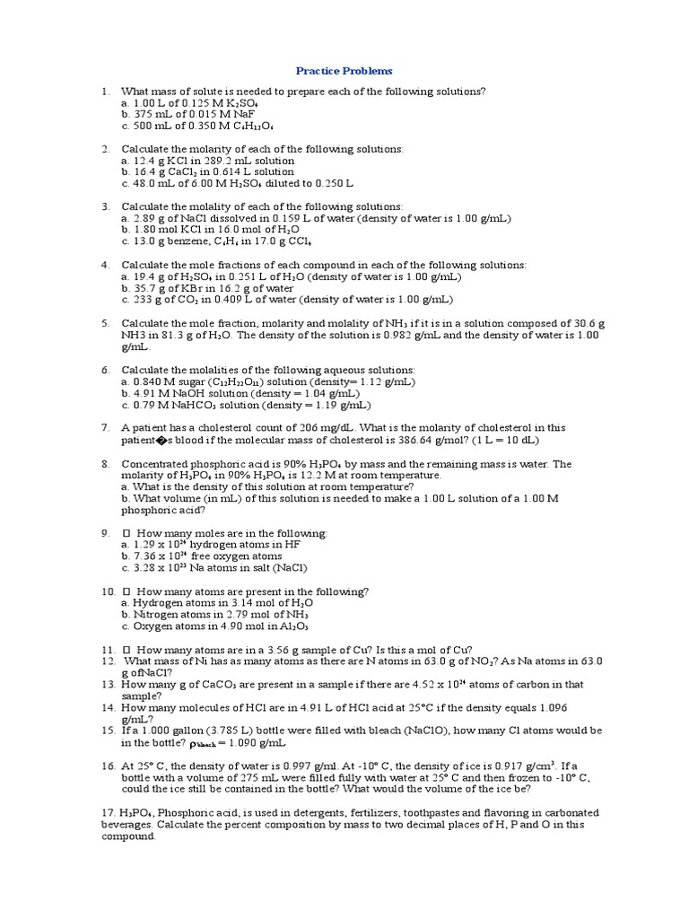 Practice Quiz 01 Docx Molar Concentration Solution