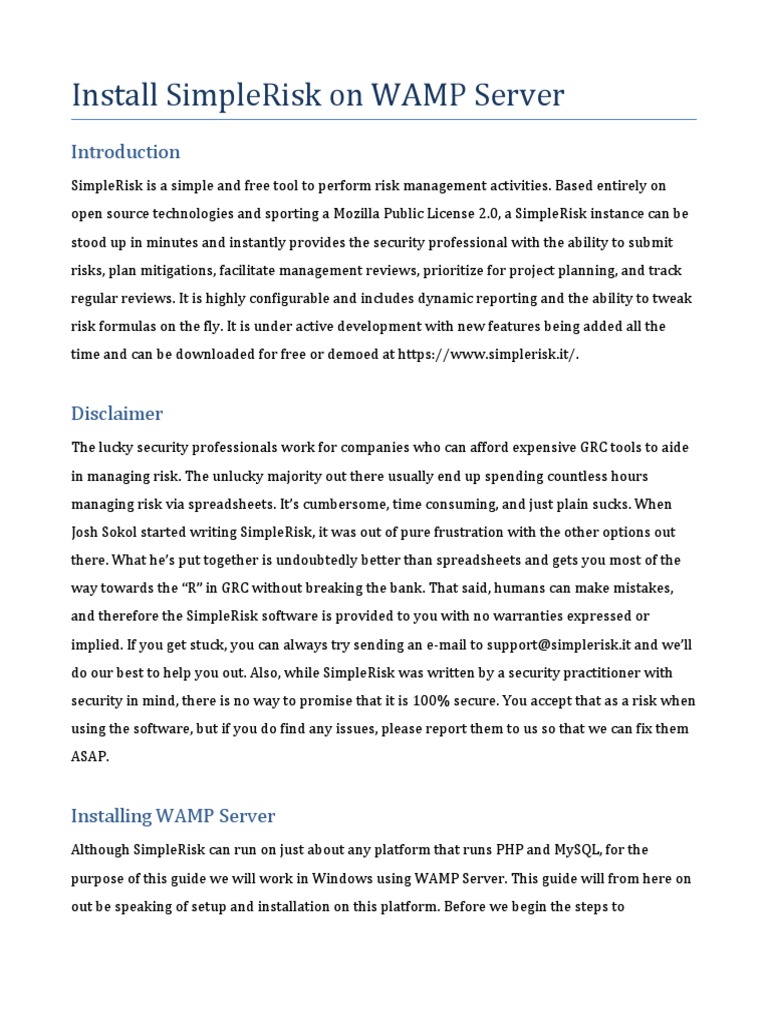 Simplerisk Wamp Installation Guide W8 10 Password Installation Computer Programs