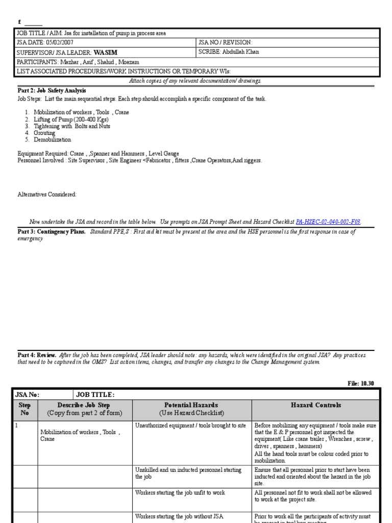 JSA for Pump Installation Process | PDF | Personal Protective Equipment ...