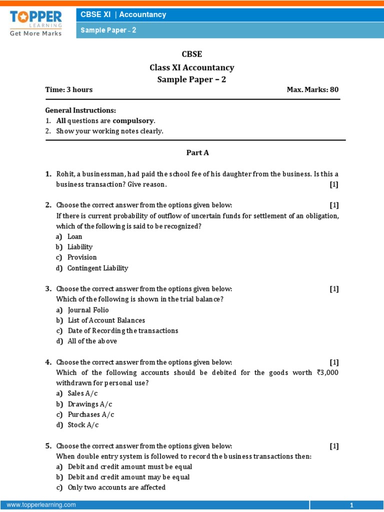 Class 11 Accountancy Sample Paper 2 | PDF | Debits And Credits | Bad Debt