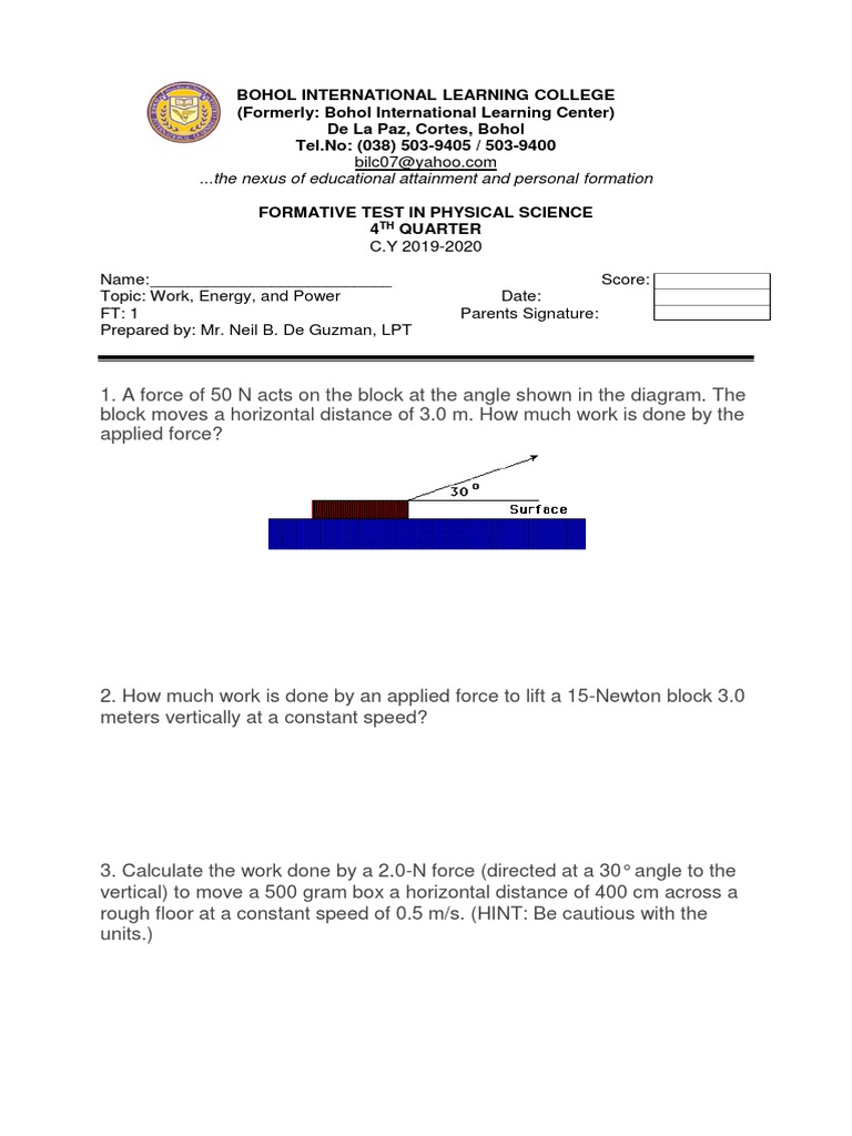 Formative Test WORK, ENERGY AND POWER | PDF | Potential Energy | Force