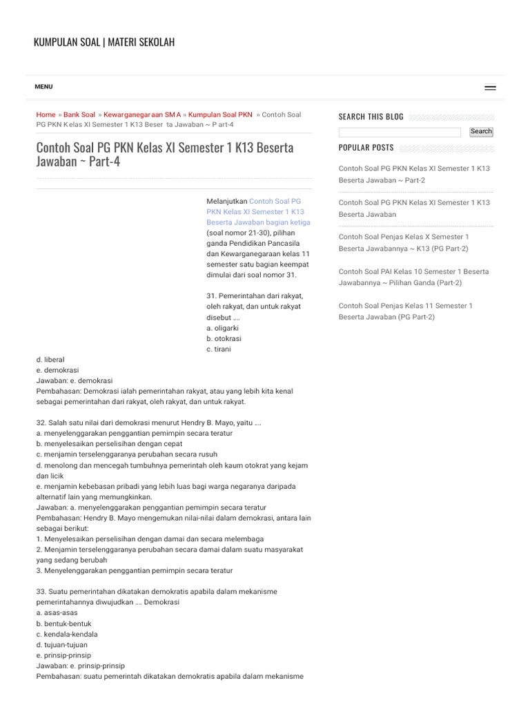 Contoh Soal Pg Pkn Kelas Xi Semester 1 K13 Beserta Jawaban Part 4 Kump055429