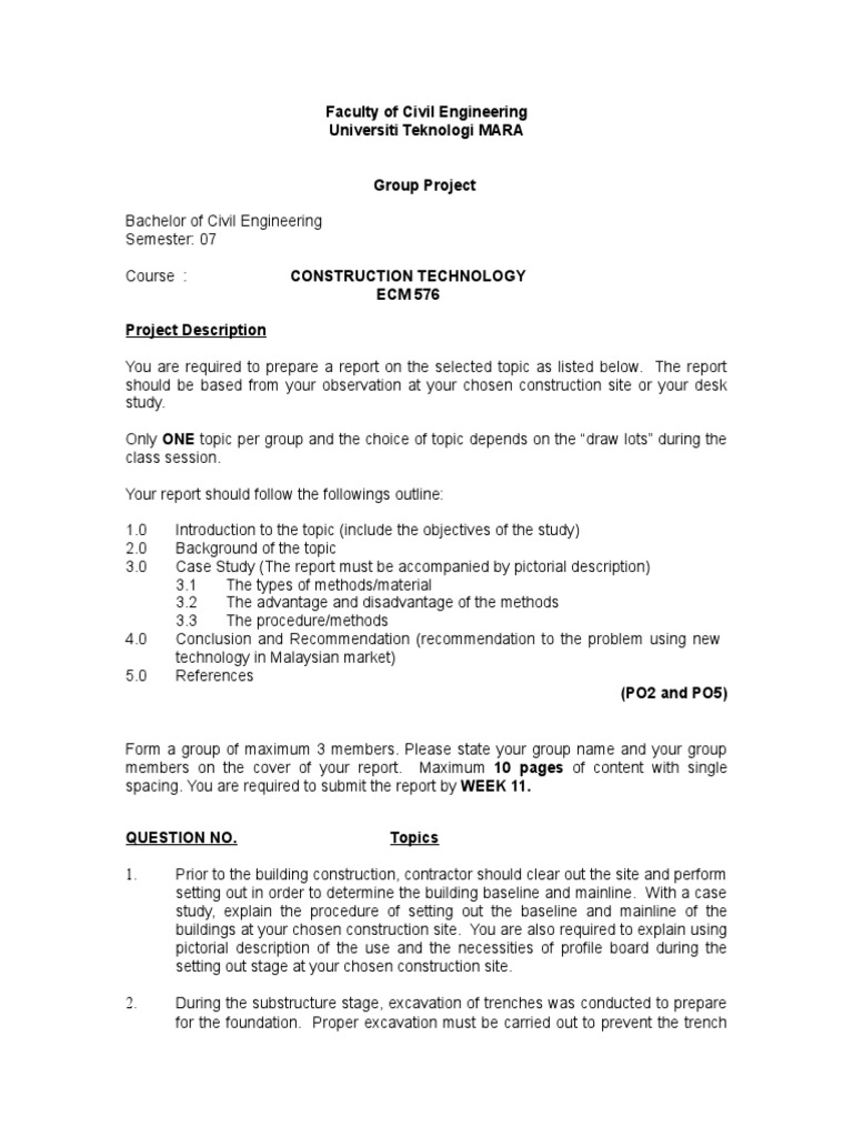 Construction Technology Project Report Guide | PDF | Excavation ...