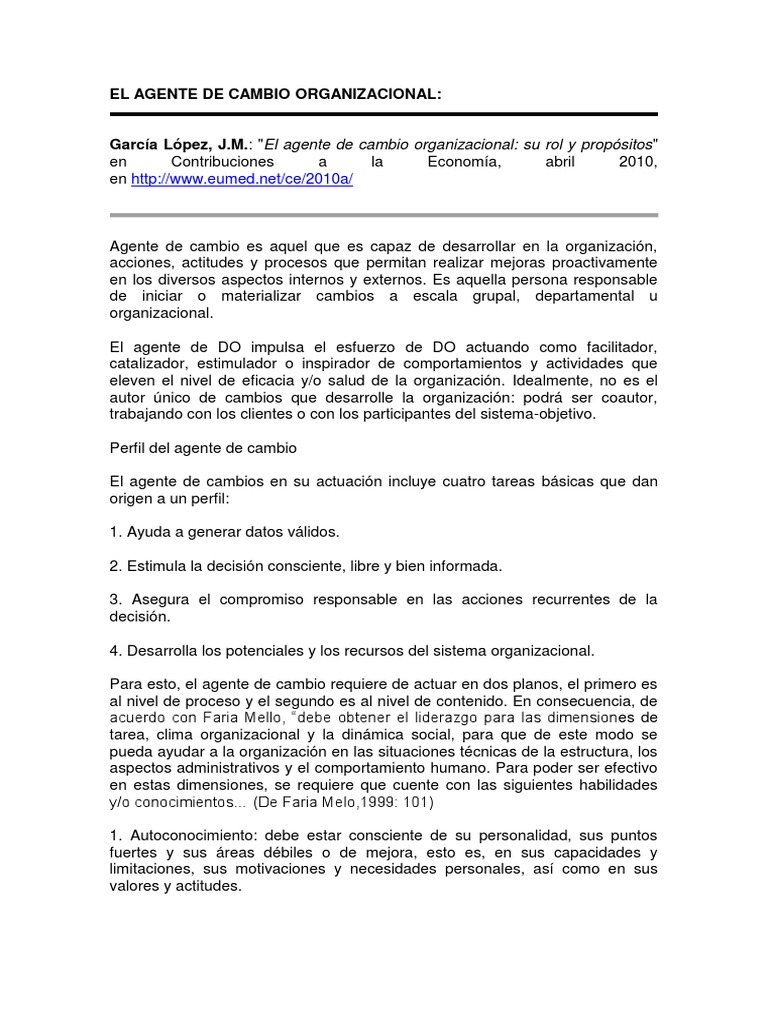 El Perfil Y Funciones Clave Del Agente De Cambio Organizacional Pdf