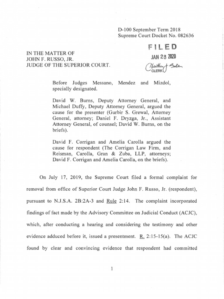NJ Supreme Court Special Panel's Findings Regarding Judge John F. Russo Jr.  | PDF | Courtroom | Witness