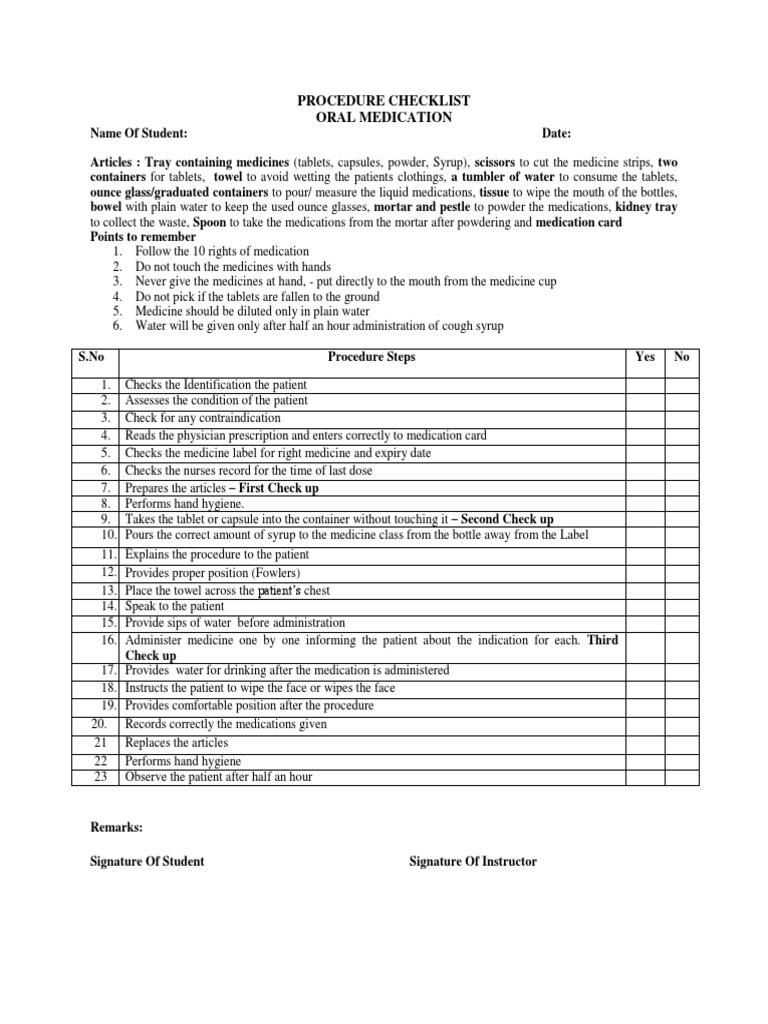 Oral Medication Checklist PDF Tablet (Pharmacy) Patient
