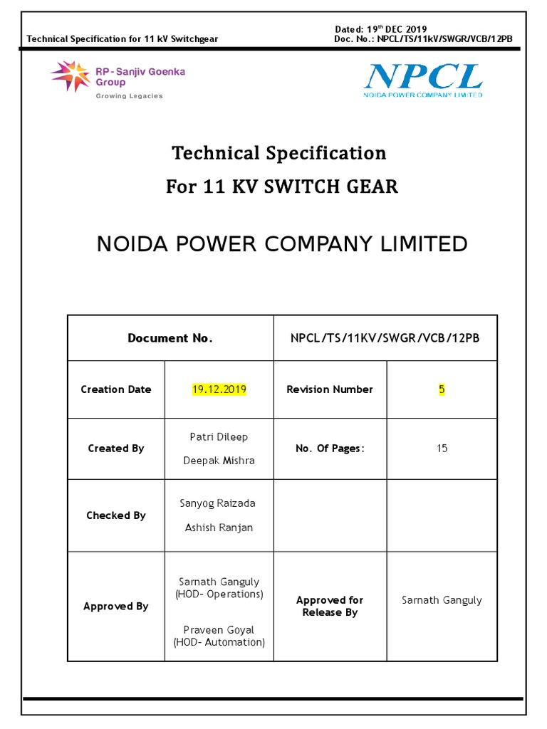 11 KV VCB With 1250A IC OG 12 Panel Board 13-05-19 | PDF | Scada | Relay