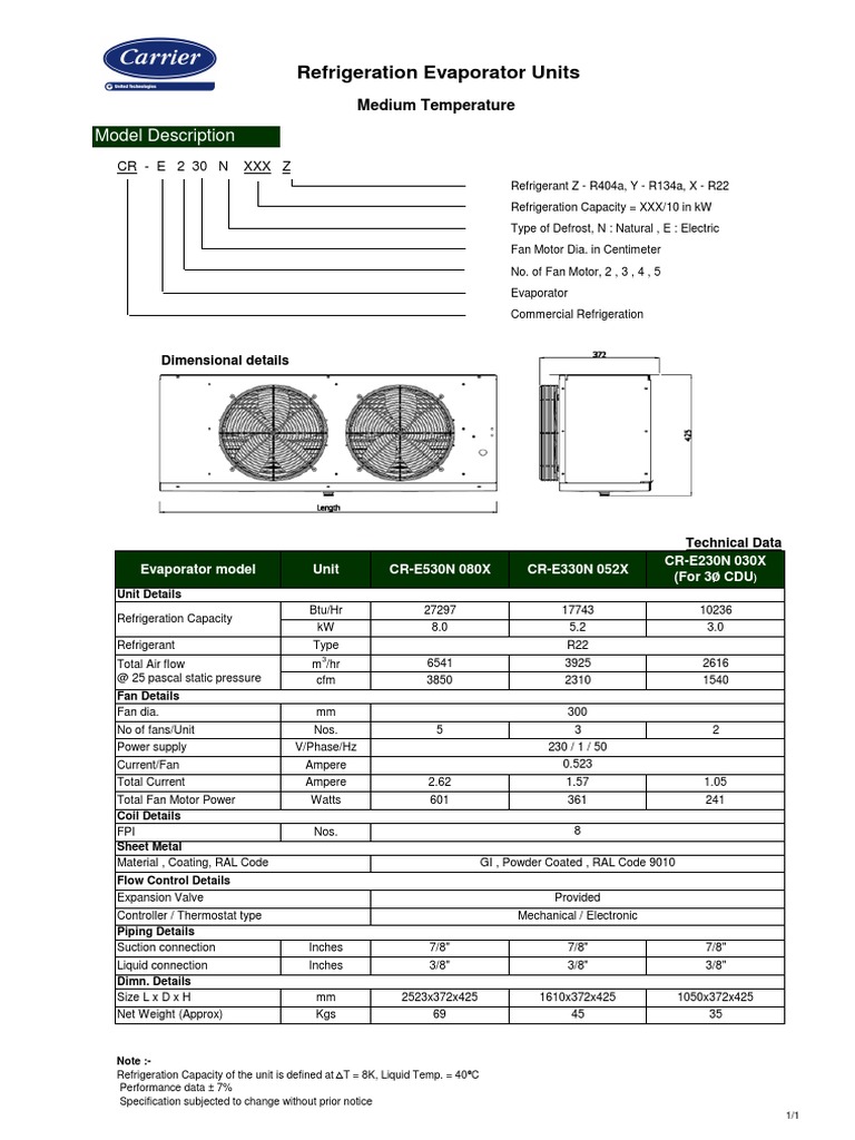 Specs Evaporator Assy (R22) PDF Chemical Engineering Home Appliance