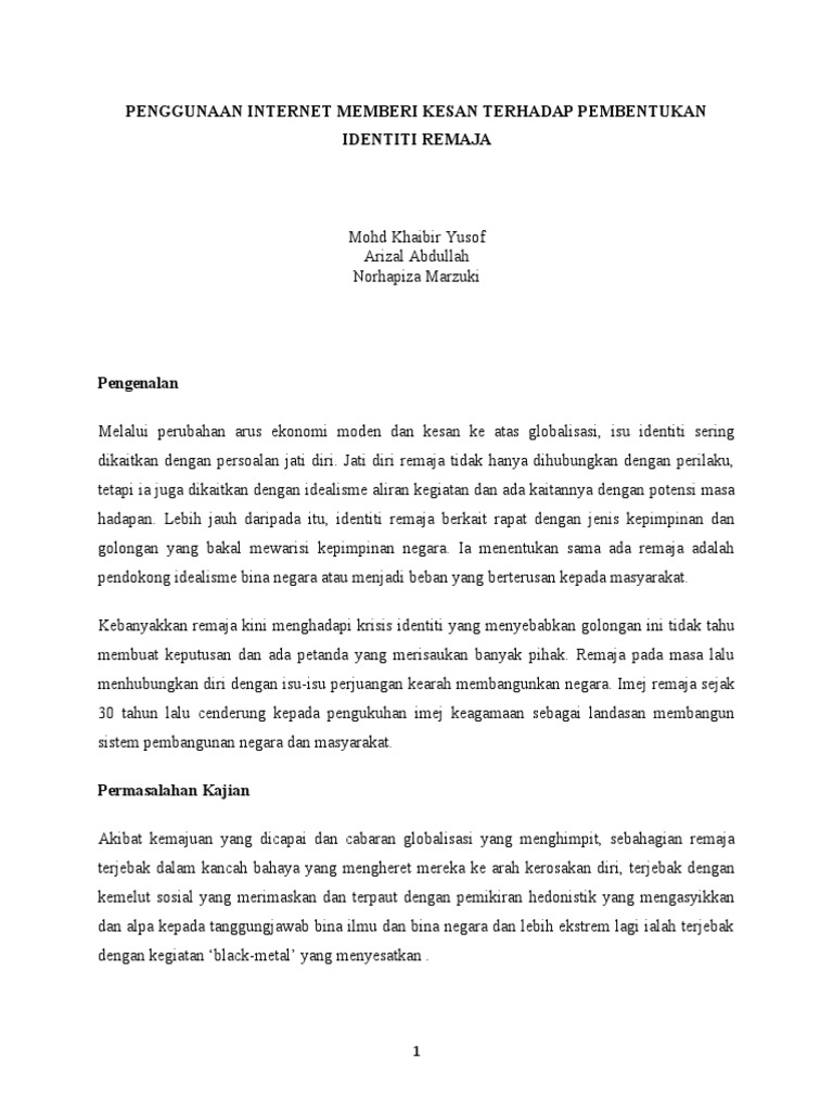 Penggunaan Internet Memberi Kesan Terhadap Pembentukan Identiti Remaja1 Pdf