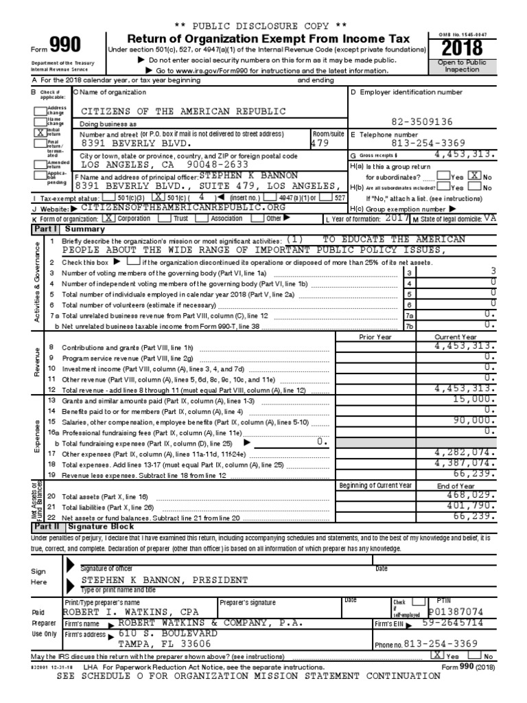 Steve Bannon's Nonprofit Tax Return From 2018 PDF Irs Tax Forms
