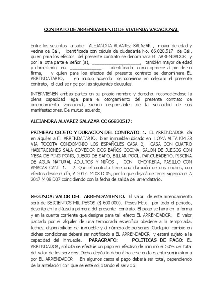 Contrato de Arrendamiento de Vivienda Vacacional Casa Azul | PDF | Alquiler  | Gobierno