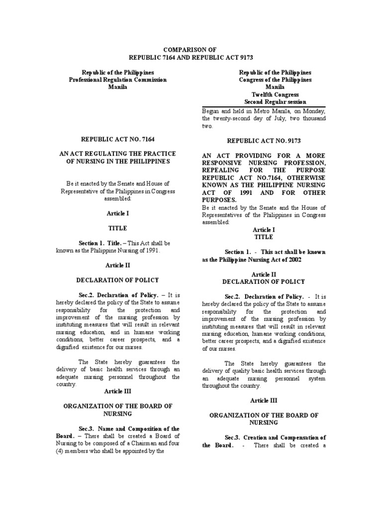 RA 7164 vs RA 9173: Nursing Law Comparison | PDF | Nursing | Licensure