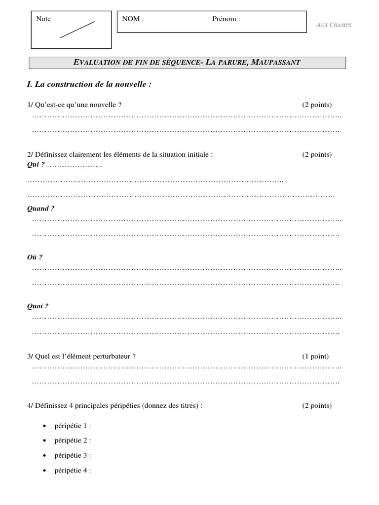 Contrôle Sur La Parure Avec Corrigé