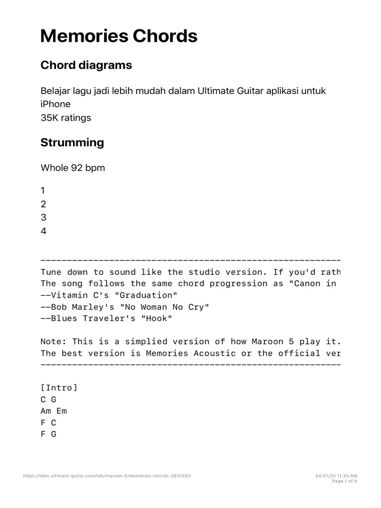 Memories Chords Ver 2 By Maroon 5 Song Structure Song Recordings