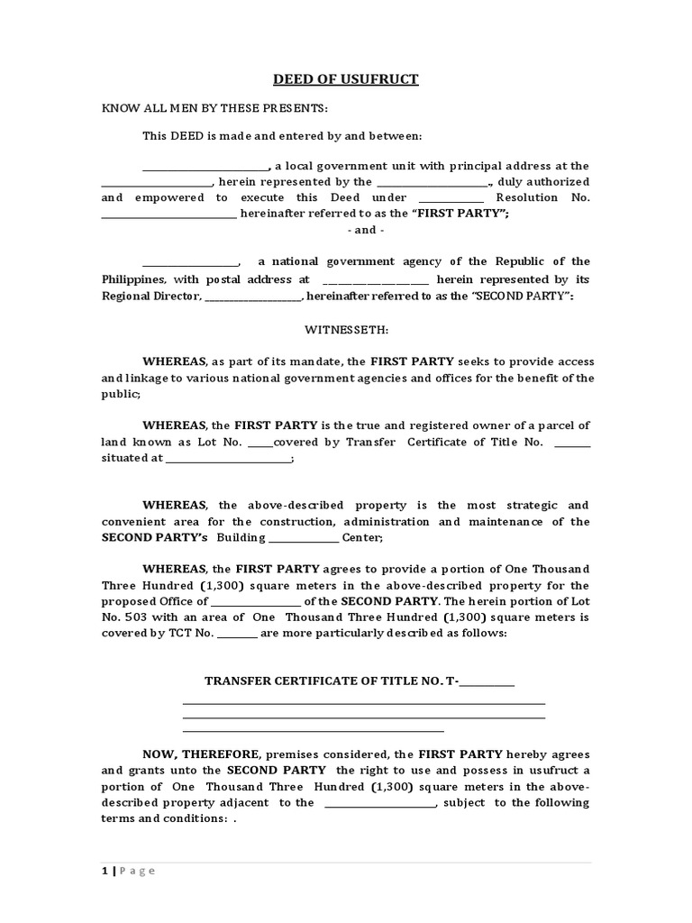 DEED OF USUFRUCTform | PDF | Real Property | Property