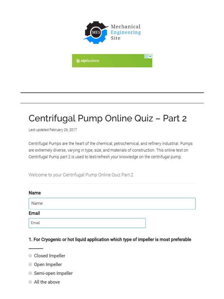 WWW Mechanicalengineeringsite Com Centrifugal Pump Online Quiz Part 2