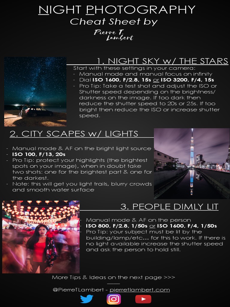 Night Photography Settings Cheat Sheet | PDF | Shutter Speed | Camera