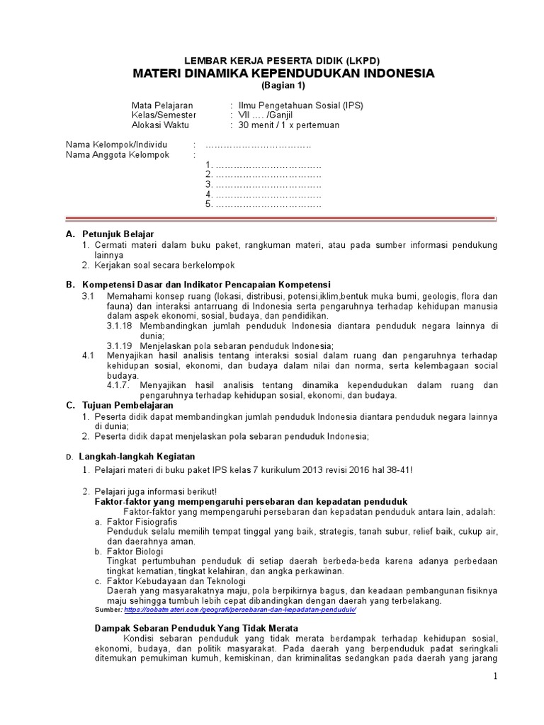 Lkpd Dinamika Kependudukan Indonesia Ips Kelas 7