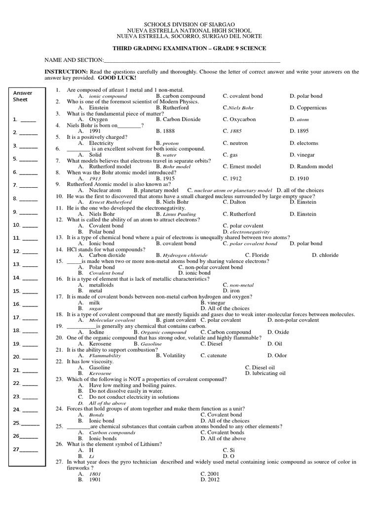 Grade 9 Science Exam Module 10 | PDF | Covalent Bond | Chemical Polarity