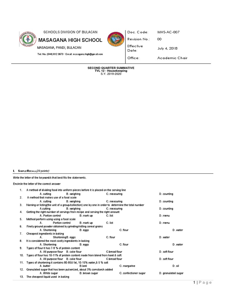 Test Bread and Pastry 12 Exam PDF Flour Cakes