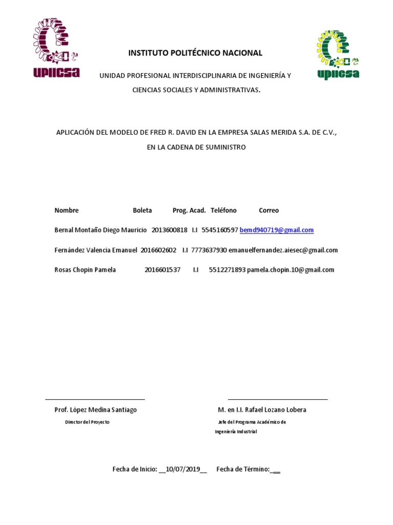 Aplicación Modelo de Fred R. David en La Empresa Salas Merida . de .  | PDF | Planificación | Evaluación