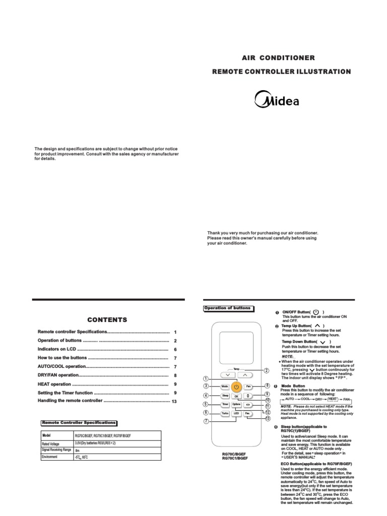 Midea Rg70c1 Bgef Manual Air Conditioning Turbocharger